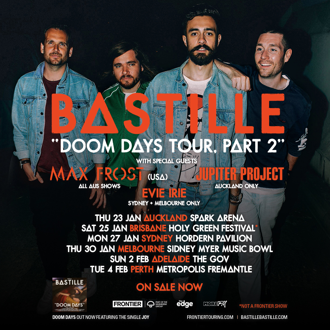 BASTILLE ANNOUNCE SPECIAL GUESTS MAX FROST, EVIE IRIE & JUPITER PROJECT ON THEIR DOOM DAYS TOUR